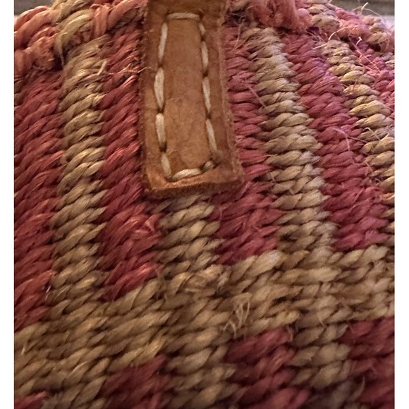 Vintage Woven Sisal Market Tote Bucket Bag Leather Straps Round Striped Boho - Picture 6 of 13